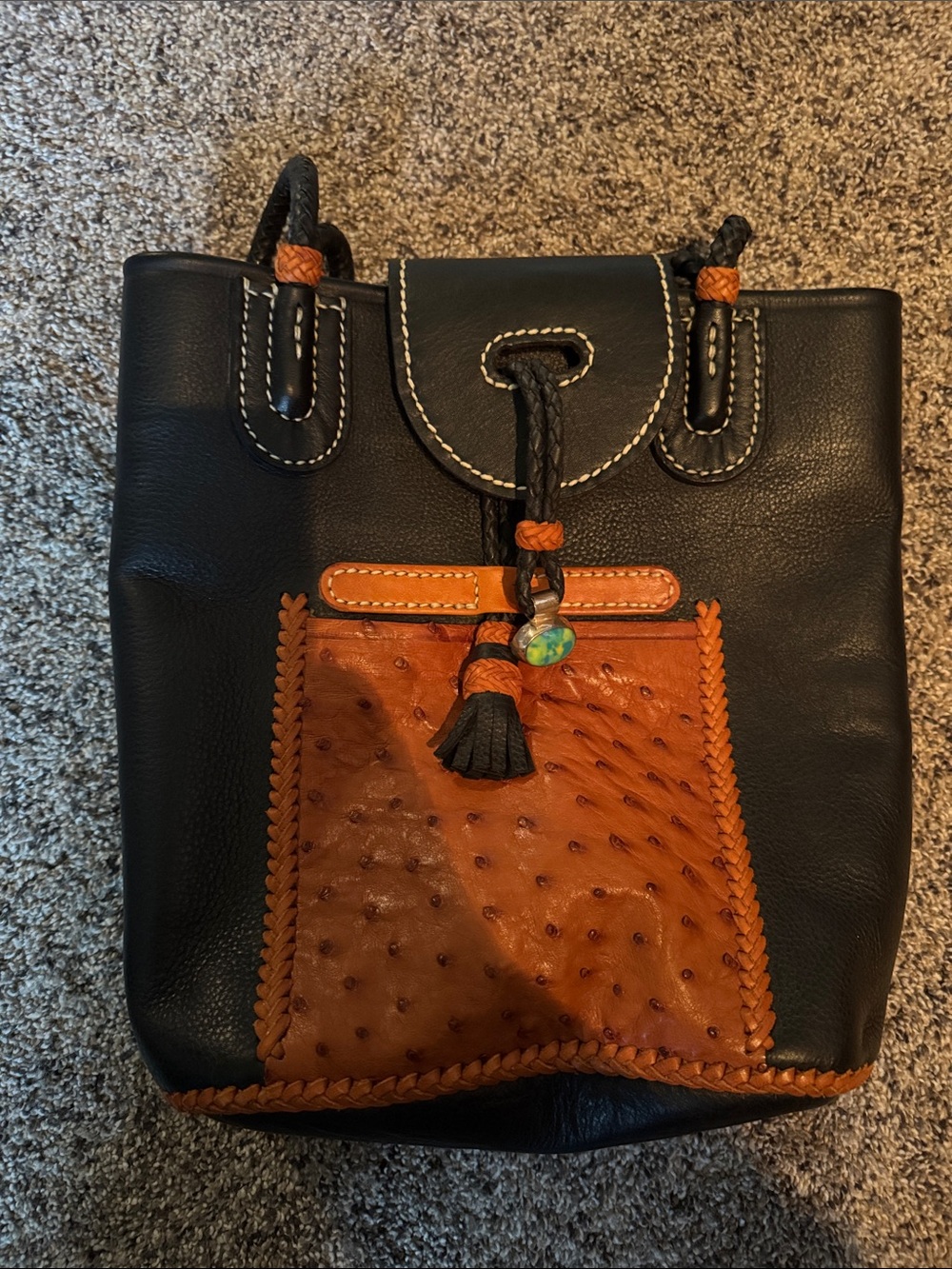 Black and Brown Two-Tone Leather Drawstring Shoulder Bag